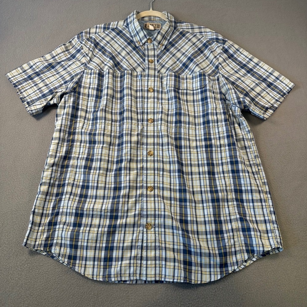Duluth Trading Co Mens Large Blue Yellow Plaid Short Sleeve Fishing Shirt L